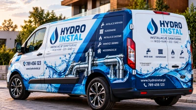 Niebieska grafika reklamowa na samochodzie dostawczym hydro instal