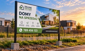 Stalowa konstrukcja tablicy reklamowej osadzona w betonowych fundamentach przy osiedlu mieszkaniowym
